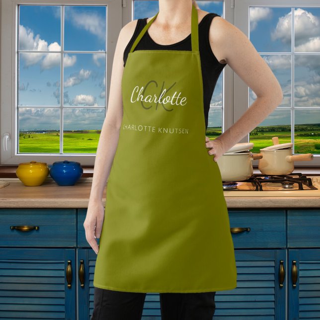 Olive green Monogram Name Business Schürze (Von Creator hochgeladen)