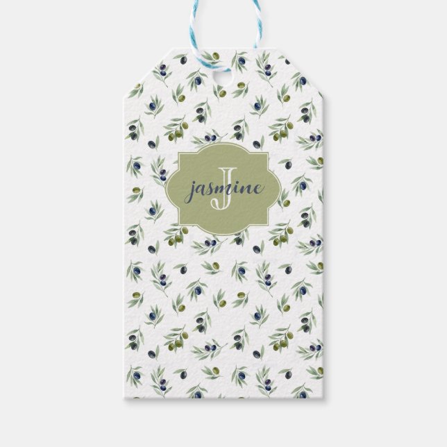Olive Green Monogram Name Watercolor Chic Pattern Geschenkanhänger (Vorderseite)