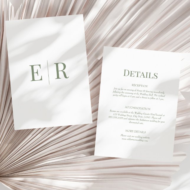 Olive Green Monogram Wedding Details Card Einladung (Olive Green Monogram Wedding Details Card on a sunny neutral dry palm leaf.)