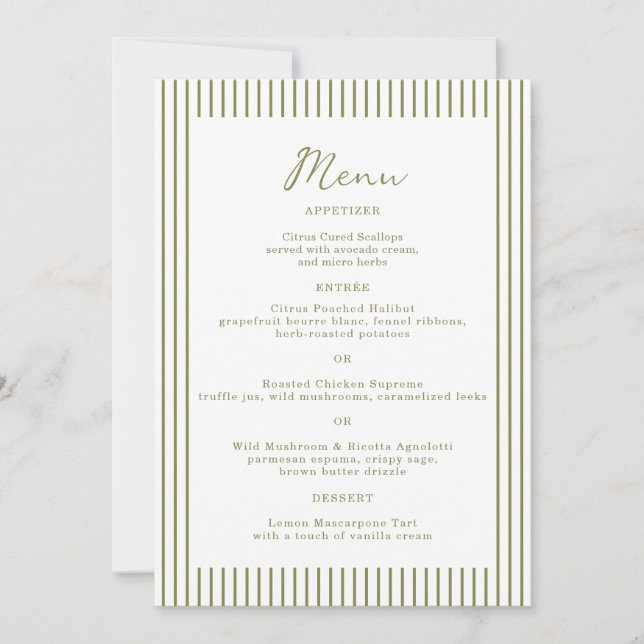 Olive Green Monogram Wedding Menu Card Einladung (Vorderseite)