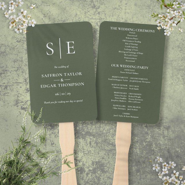 Olive Green Monogram Wedding Program Fächer (Olive Green Monogram Wedding Program Hand Fan)