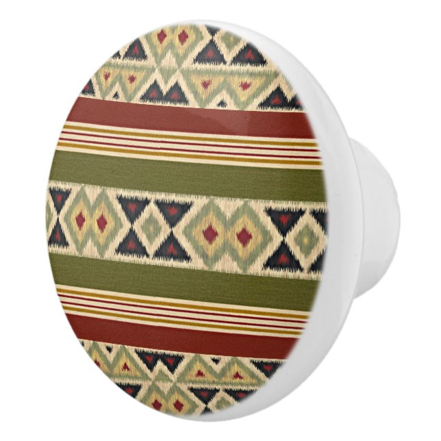 Olive Green Mustard Ochre Yellow Tribal Ikat Art Keramikknauf (Rechts)