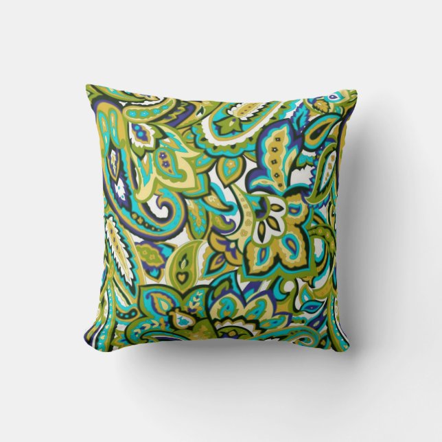 Olive Green Mustard Yellow Turquoise Blue Paisley Kissen (Vorderseite)