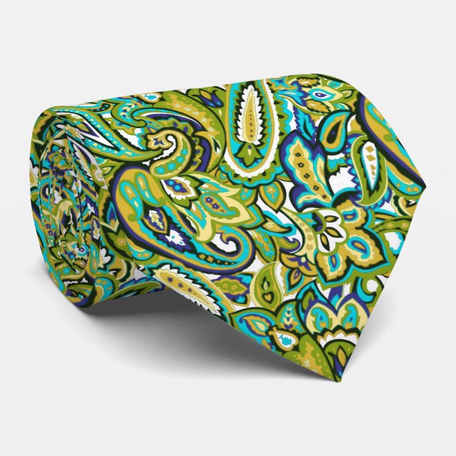 Olive Green Mustard Yellow Turquoise Blue Paisley Krawatte (Gerollt)