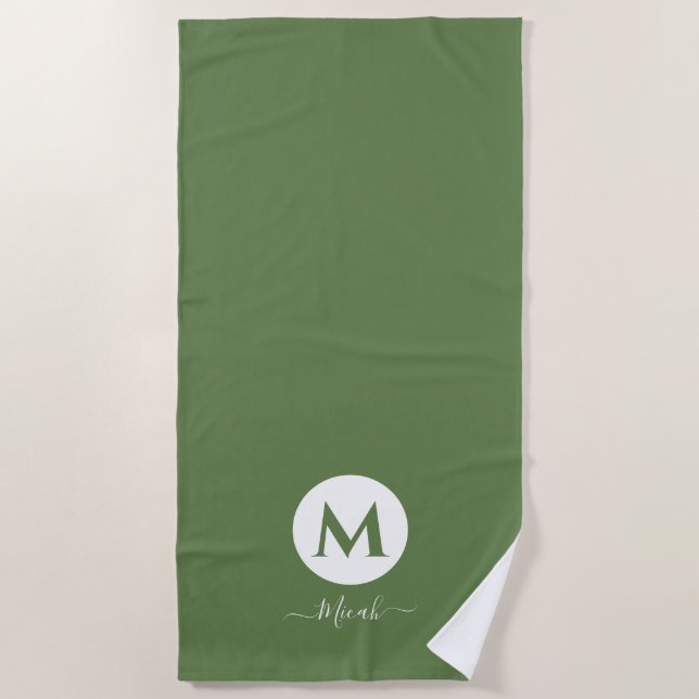 Olive Green Personalisiert Monogram Beach Handtuch (Vorderseite)
