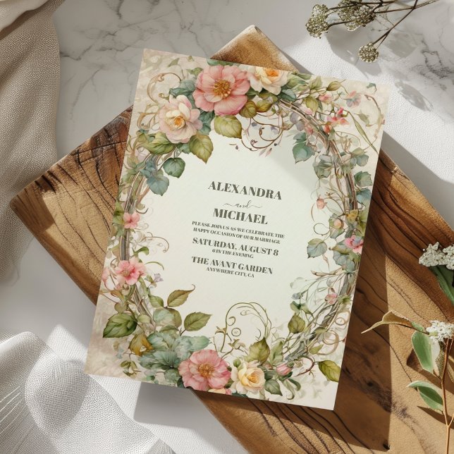 Olive Green Pink Floral Art Nouveau Hochzeit Einladung (Von Creator hochgeladen)