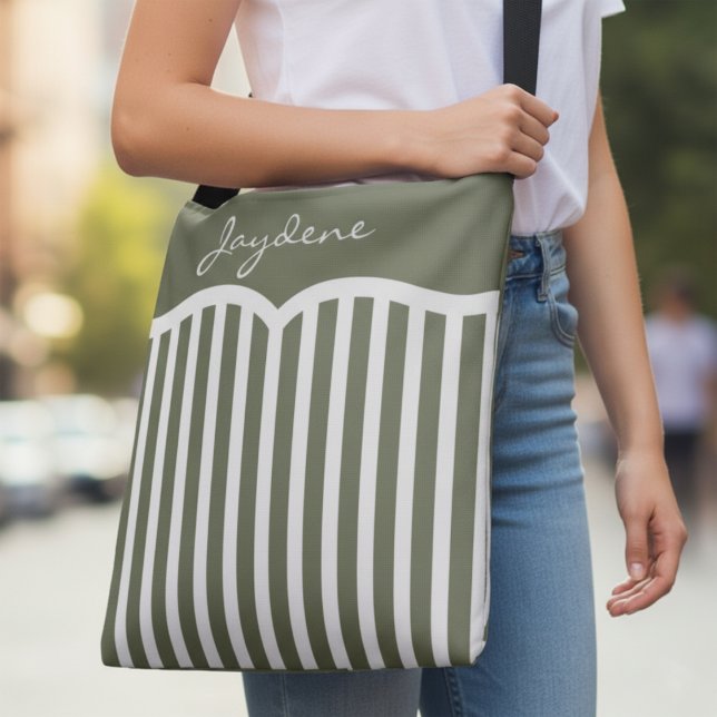 Olive Green Pinstriped Monogram Tragetaschen Mit Langen Trägern (White and green stripes meet black hardware for a sleek, travel-ready look. Customize the name area.)
