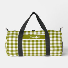 Olive Green Plaid Gingham Personalized Duffle Bag