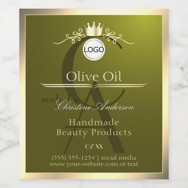 Olive Green Product Label Gold Frame Logo Monogram Weinetikett (Einzelnes Label)