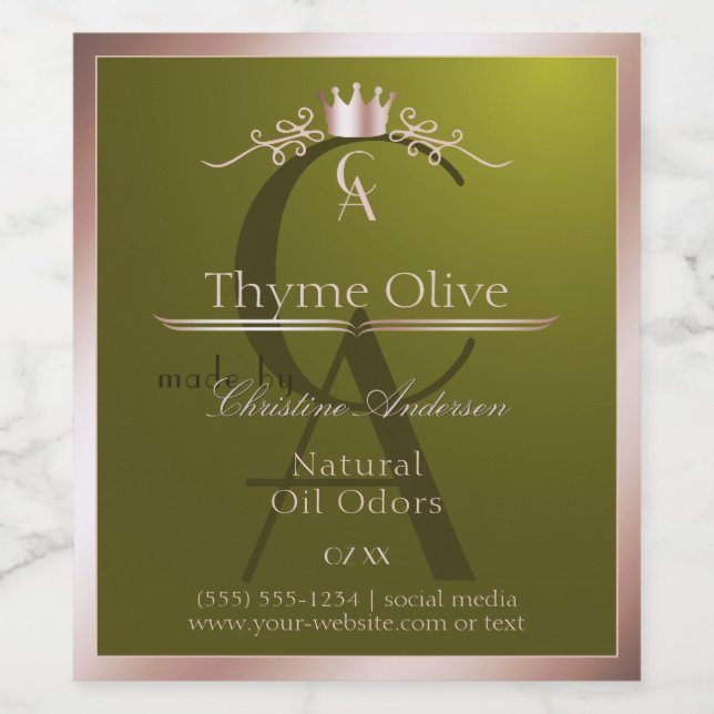 Olive Green Product Label Rose Gold Frame Monogram Weinetikett (Einzelnes Label)