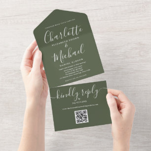 Olive Green QR Code Minimalistisch Wedding All In One Einladung
