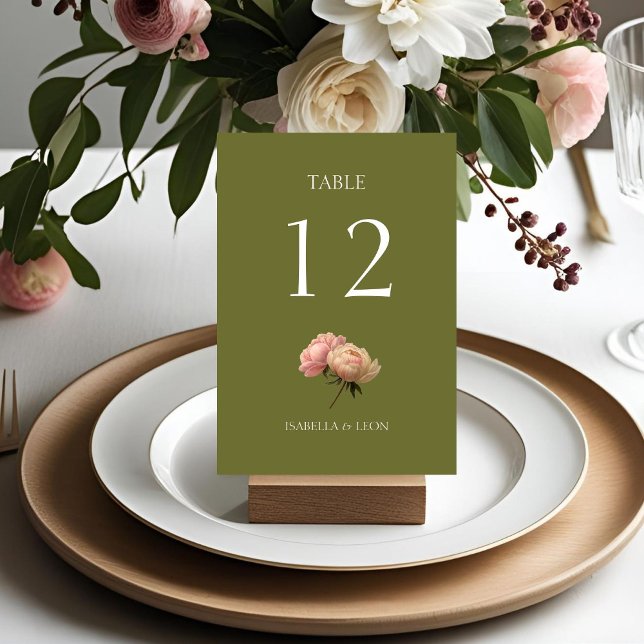 Olive Green | Rose Wedding Tischnummer Card (Von Creator hochgeladen)