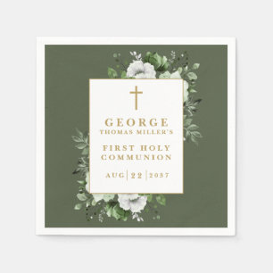 Olive Green Rustic Floral First Heilige Kommune Serviette