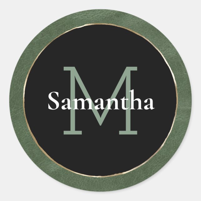 Olive Green Schwarz-weiß Gold Monogram Runder Aufkleber (Vorderseite)