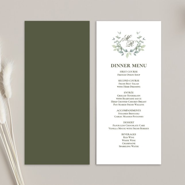 Olive Green Script Classic Wedding Dinner Menu Menükarte (Elegant green motif wedding menu card template)