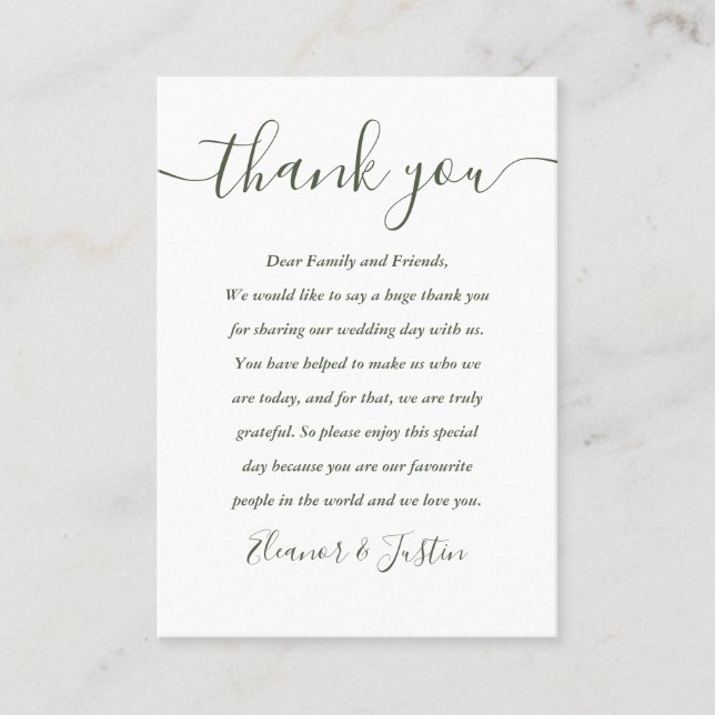Olive Green Script Wedding Danke Platzkarte (Vorderseite)