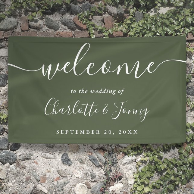 Olive Green Script Wedding Willkommen Banner (Olive Green Script Wedding Welcome Banner)