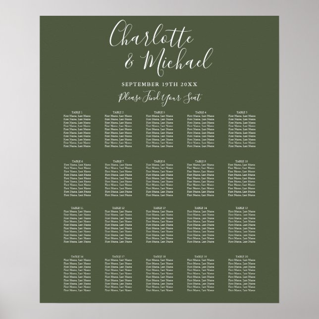 Olive Green Signature Script Hochzeitsdiagramm Poster (Vorne)