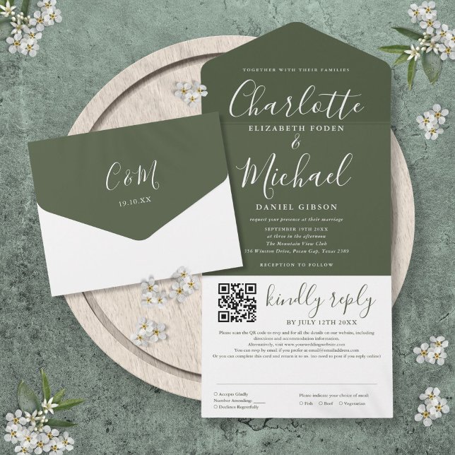 Olive Green Signature Script QR Code Hochzeit All In One Einladung (Olive Green Signature Script QR Code Wedding All In One Invitation)
