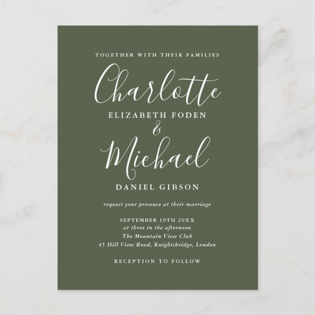 Olive Green Signature Script Wedding Einladungspostkarte (Vorderseite)
