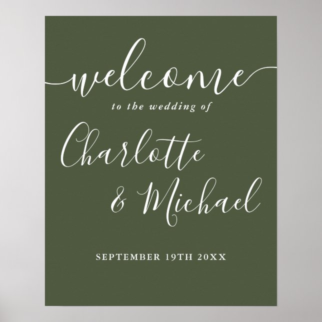 Olive Green Signature Script Wedding Willkommensze Poster (Vorne)