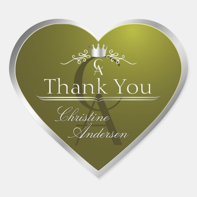 Olive Green Silver Frame with Monogram Thank You Herz-Aufkleber (Vorderseite)