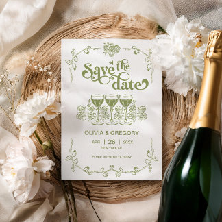 Olive Green Sparcampagne Save the Date Einladung