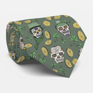Olive Green St Patrick's Day Irish Sugar Skull Krawatte