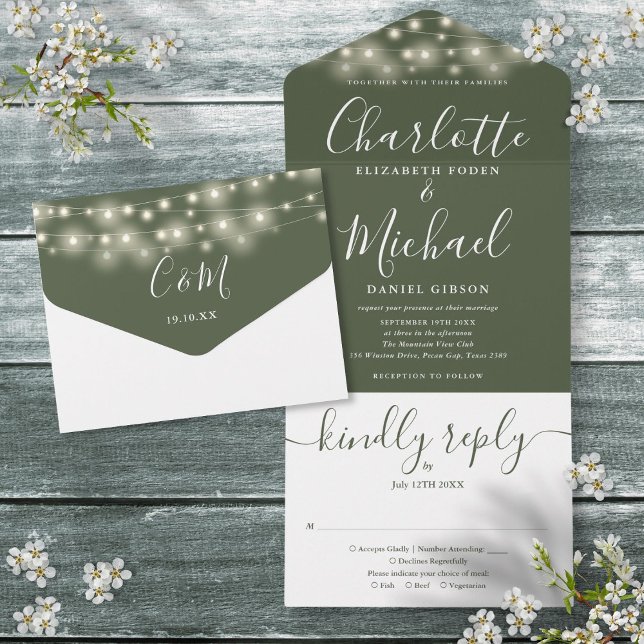 Olive Green String Lights Elegante Script Wedding All In One Einladung (Olive Green String Lights Elegant Script Wedding All In One Invitation)