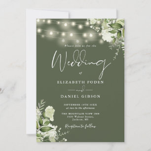 Olive Green String Lights Floral Monogram Wedding Einladung