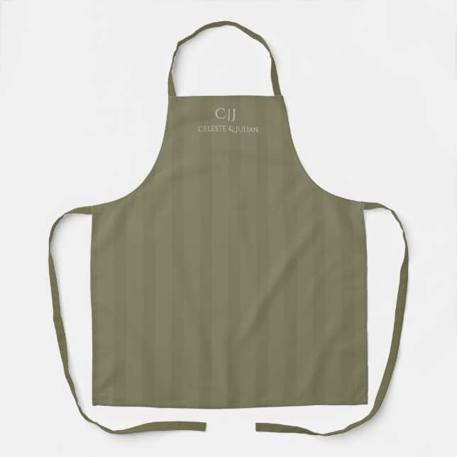 Olive Green Stripes Monogram Wedding Schürze (Vorderseite)