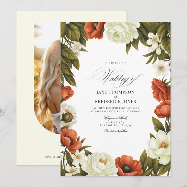 Olive Green Terracotta & Soft Ivory Floral Wedding Einladung (Vorne/Hinten)