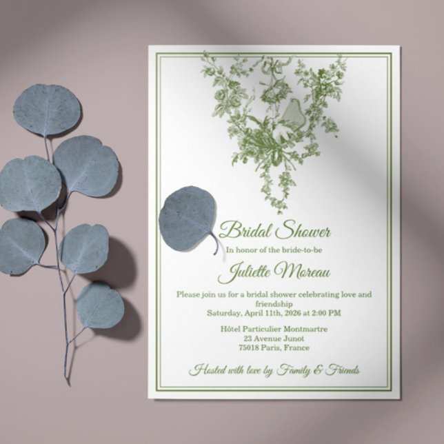 Olive Green Toile de Jouy Bridal Shower Invitation Einladung (Von Creator hochgeladen)