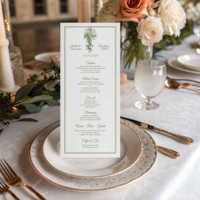 Olive Green Toile de Jouy Wedding Menu Card (Créateur téléchargé)