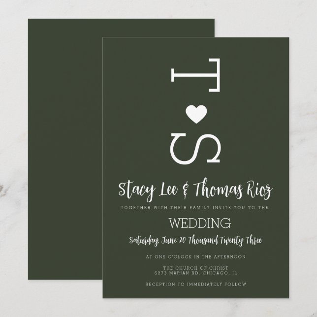 Ölive Green Typografy Heart Wedding Einladung (Vorne/Hinten)