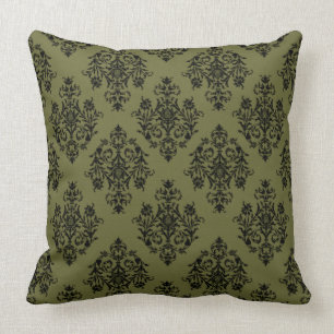 Olive Green und Black Damask Muster Kissen