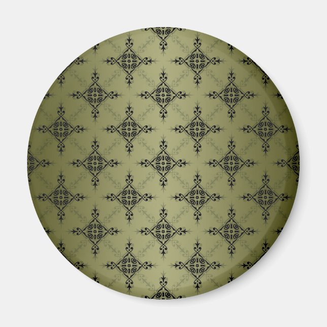 Olive Green und Black Damask Muster Magnet (Vorne)
