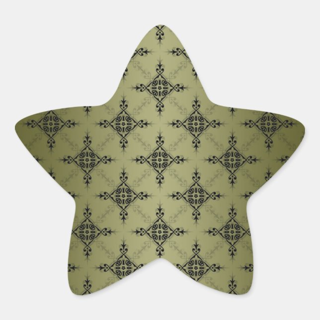 Olive Green und Black Damask Muster Stern-Aufkleber (Vorderseite)