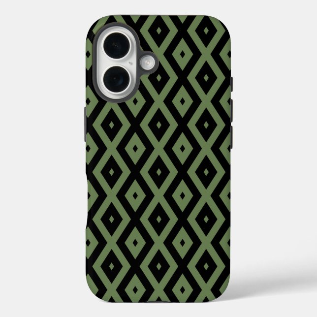 Olive-Green-und Black-Diamant-Muster iPhone 16 Hülle (Rückseite)