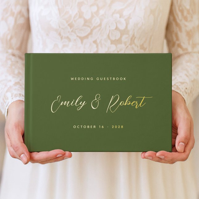 Olive Green und Gold Elegante Script Wedding Gästebuch (Von Creator hochgeladen)