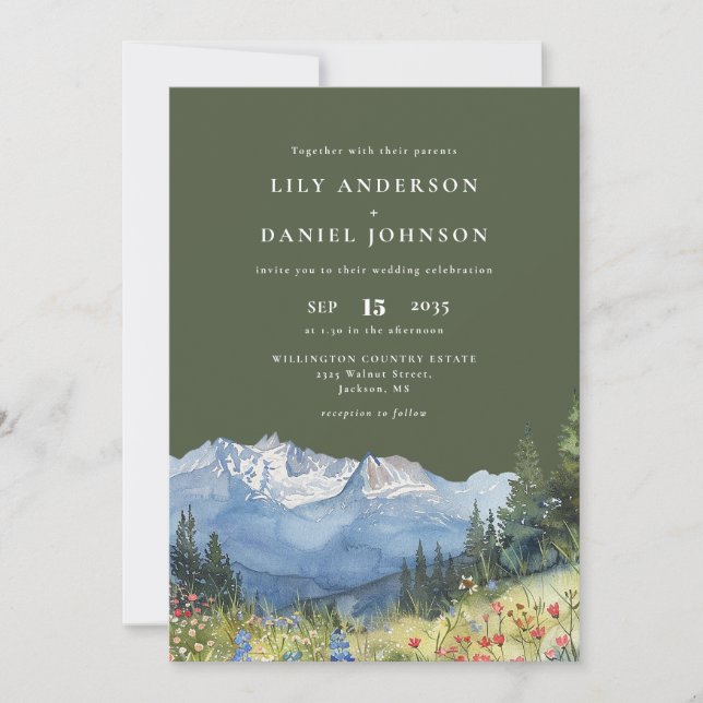 Olive Green Watercolor Mountain QR Code Wedding Einladung (Vorderseite)