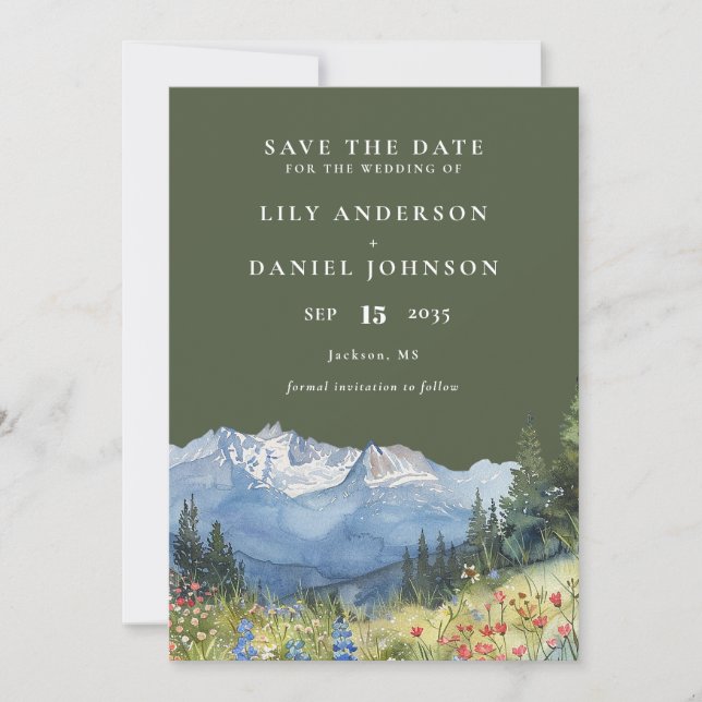 Olive Green Watercolor Mountain Wildflower Wedding Save The Date (Vorderseite)