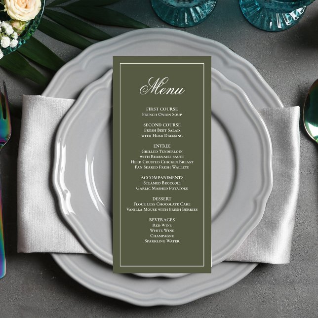 Olive Green Wedding Script Dinner Menü Menükarte (Elegant olive green classic wedding dinner menu.)