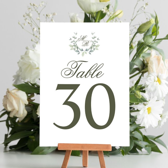 Olive Green Wedding Tischnummer Monogram Motif (Wedding olive green table number.)