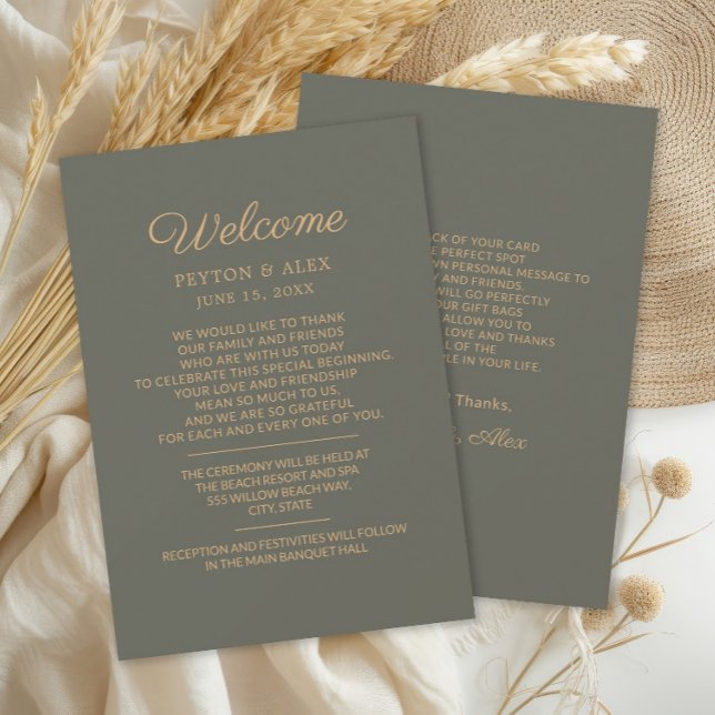 Olive Green Wedding Welcome Tour (Olive/sage green Wedding Welcome Itinerary 2-sided card)