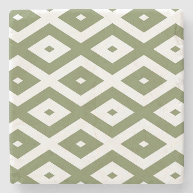 Olive-Green-White-Diamant-Muster Steinuntersetzer (Vorderseite)