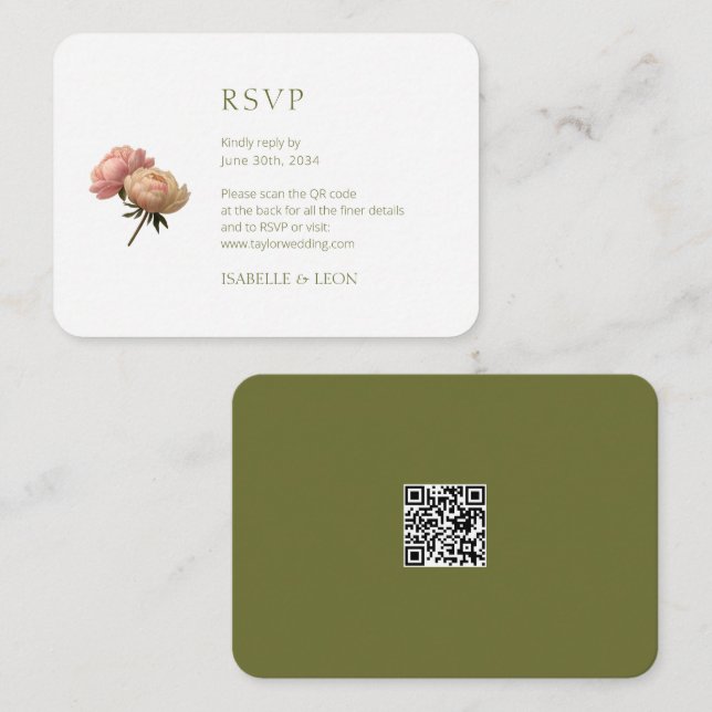 Olive Green & White Rose QR Code Hochzeit Begleitkarte (Vorne/Hinten)