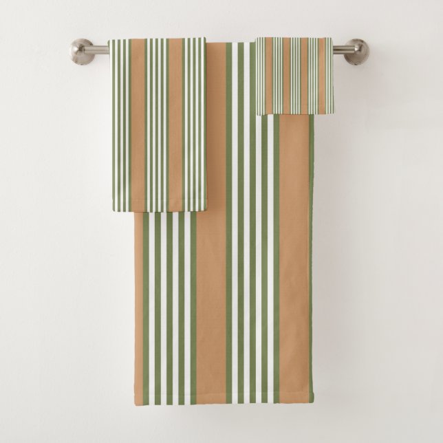 Olive-Green-White-Streifen-Muster mit Bräune Badhandtuch Set (Insitu)