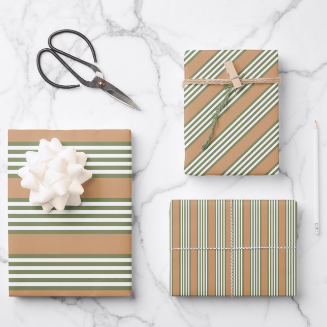 Olive-Green-White-Streifen-Muster mit Bräune Geschenkpapier Set (Vorderseite)