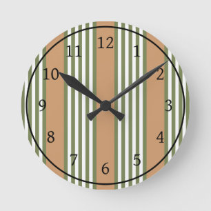 Olive-Green-White-Streifen-Muster mit Bräune Runde Wanduhr